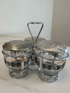 Vintage Libby 3 Glass Condiment Server Set with Metal Lids and Caddy